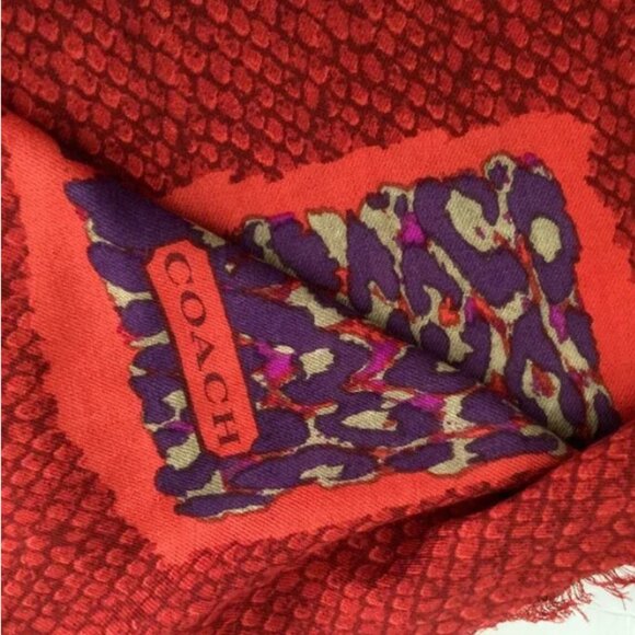 Coach Red Purple Magenta Wool Scarf Shawl Pashima Fringe 50" X 50" - Picture 1 of 11